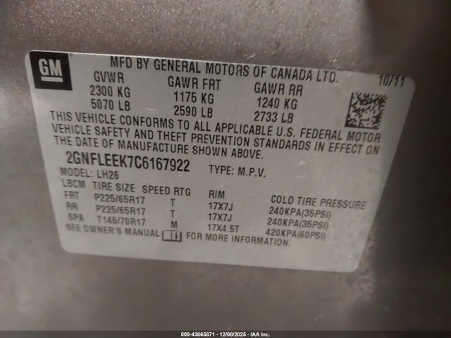 Продажа на аукционе авто 2012 Chevrolet Equinox 1lt, vin: 2GNFLEEK7C6167922, номер лота: 43865871