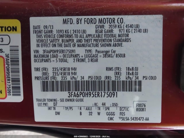 Продаж на аукціоні авто 2014 Ford Fusion Se, vin: 3FA6P0H95ER175091, номер лоту: 43865883