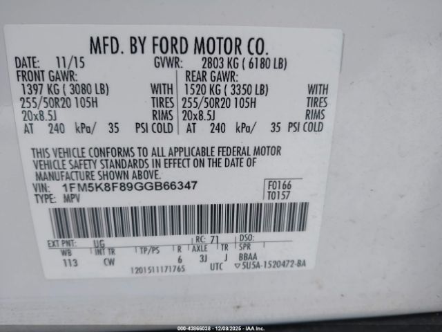 2016 FORD EXPLORER 1FM5K8F89GGB66347 Photo 8