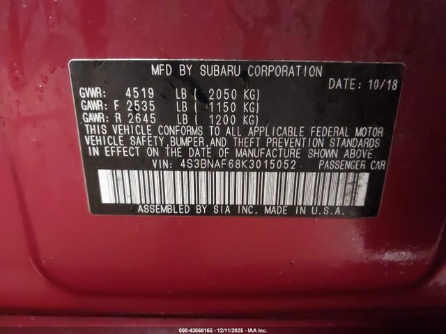 Aukcja sprzedaży 2019 Subaru Legacy 2.5i Premium, vin: 4S3BNAF68K3015052, numer aukcji: 43866165