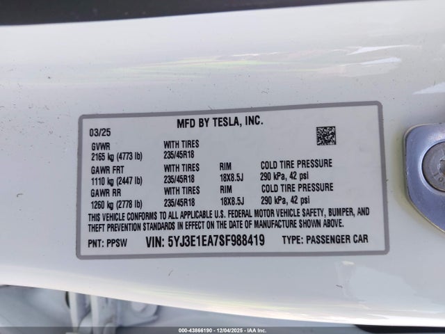2025 TESLA MODEL 3 5YJ3E1EA7SF988419 Photo 8