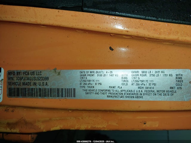 Продажа на аукционе авто 2025 Jeep Gladiator Willys, vin: 1C6PJTAG5SL523399, номер лота: 43866276