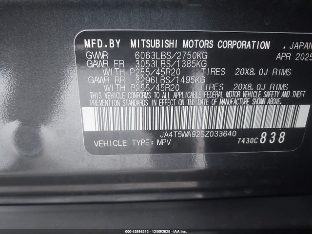 Продаж на аукціоні авто 2025 Mitsubishi Outlander Phev Sel S-awc, vin: JA4T5WA92SZ033640, номер лоту: 43866313