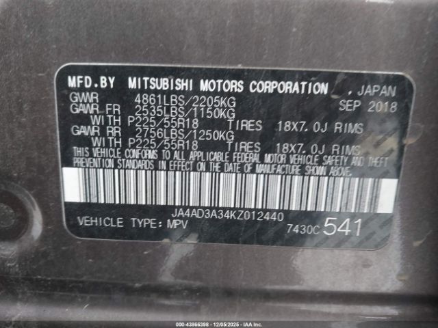 2019 MITSUBISHI OUTLANDER JA4AD3A34KZ012440 Photo 8