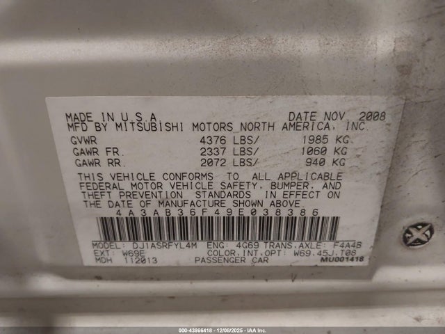 2009 MITSUBISHI GALANT 4A3AB36F49E038386 Photo 8