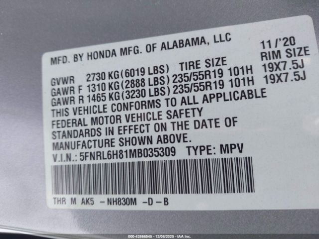 2021 HONDA ODYSSEY 5FNRL6H81MB035309 Photo 8