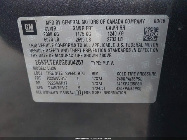 Aukcja sprzedaży 2016 Gmc Terrain Sle-2, vin: 2GKFLTEK6G6304257, numer aukcji: 43866601