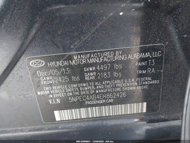 2014 Hyundai Sonata Limited 2.0t მანქანა იყიდება აუქციონზე, vin: 5NPEC4AB4EH862426, აუქციონის ნომერი: 43866621