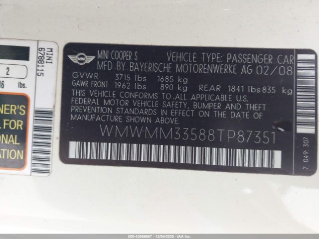 2008 MINI COOPER S CLUBMAN WMWMM33588TP87351 Photo 8