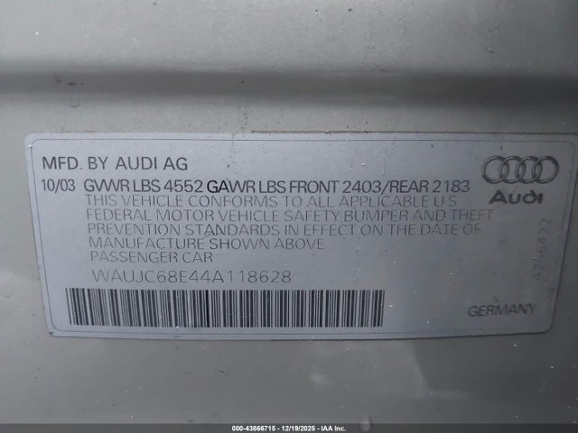 2004 AUDI A4 WAUJC68E44A118628 Photo 8