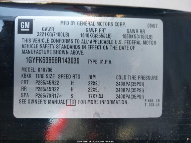 2008 CADILLAC ESCALADE 1GYFK63868R143030 Photo 8