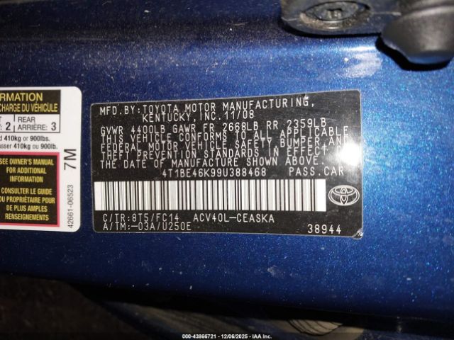 2009 TOYOTA CAMRY 4T1BE46K99U388468 Photo 8