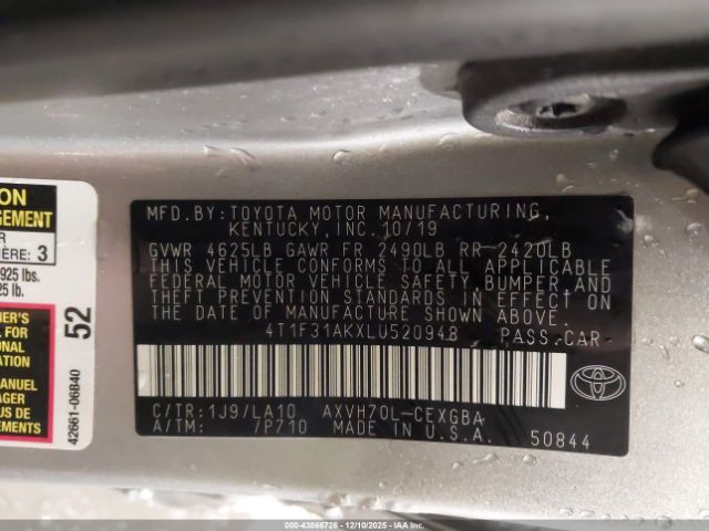 2020 TOYOTA CAMRY 4T1F31AKXLU520948 Photo 8