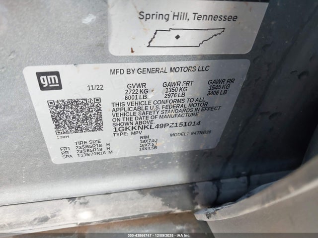 43866747 :رقم المزاد ، 1GKKNKL49PZ151014 vin ، 2023 Gmc Acadia Fwd Sle مزاد بيع