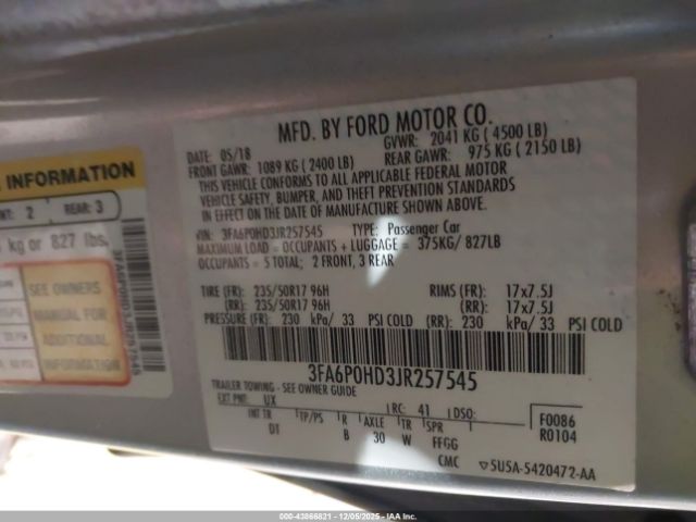 2018 FORD FUSION 3FA6P0HD3JR257545 Photo 8