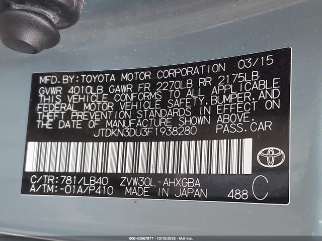 JTDKN3DU3F1938280 Toyota Prius Four