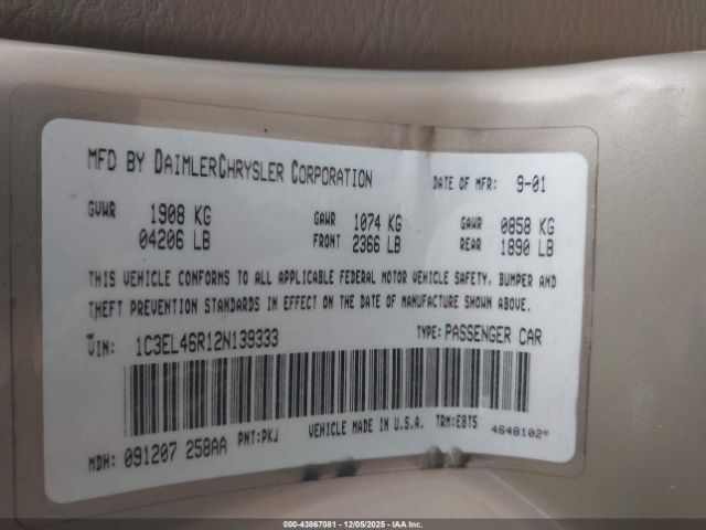 2002 CHRYSLER SEBRING 1C3EL46R12N139333 Photo 8