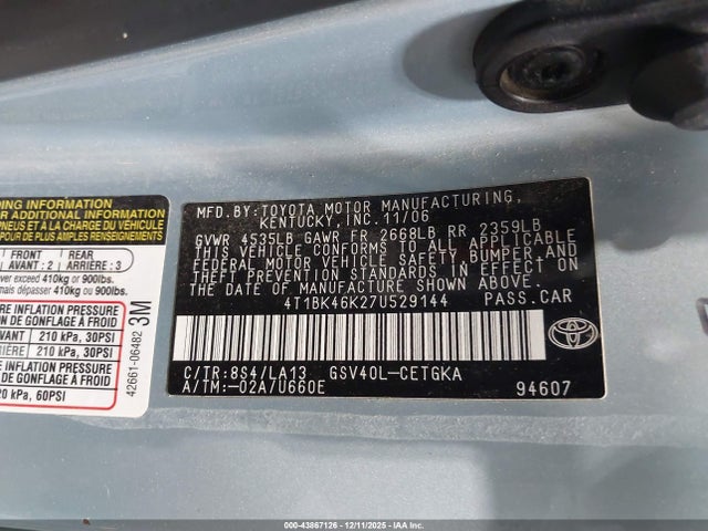Продажа на аукционе авто 2007 Toyota Camry Xle V6, vin: 4T1BK46K27U529144, номер лота: 43867126
