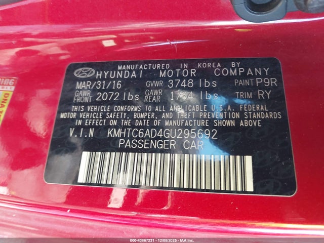 Auction sale of the 2016 Hyundai Veloster, vin: KMHTC6AD4GU295692, lot number: 43867231