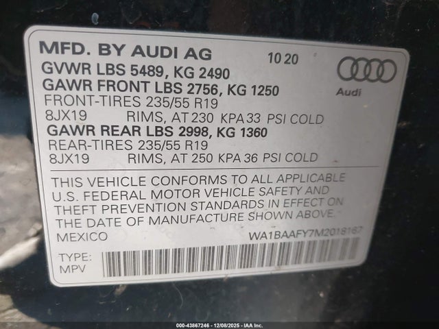 43867246 :رقم المزاد ، WA1BAAFY7M2018167 vin ، 2021 Audi Q5 Premium Plus 45 Tfsi Quattro S Tronic مزاد بيع