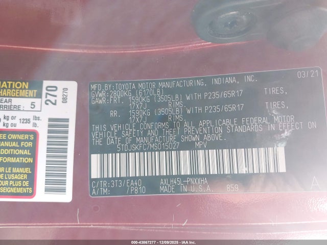 2021 TOYOTA SIENNA 5TDJSKFC7MS015027 Photo 8