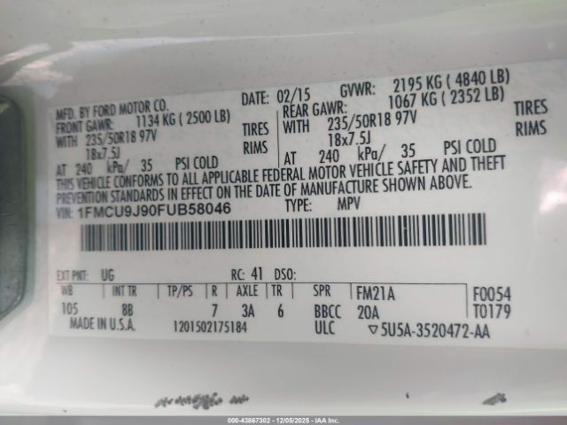 2015 FORD ESCAPE 1FMCU9J90FUB58046 Photo 8