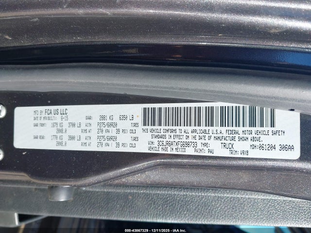 2015 Ram 1500 Express მანქანა იყიდება აუქციონზე, vin: 3C6JR6ATXFG698733, აუქციონის ნომერი: 43867329