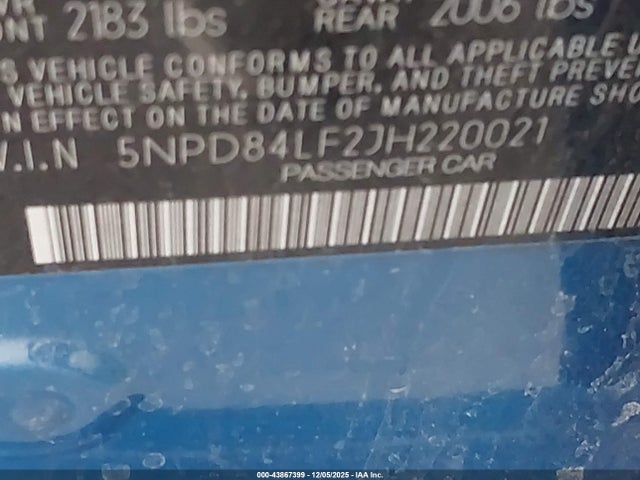 5NPD84LF2JH220021 Hyundai ELANTRA SEL