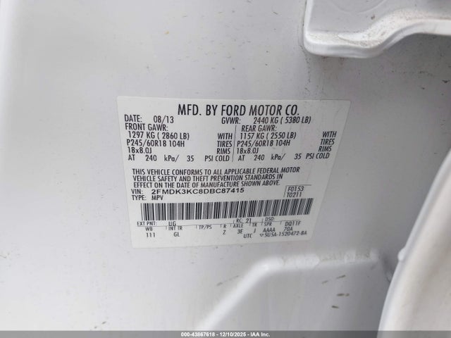 2013 Ford Edge Limited მანქანა იყიდება აუქციონზე, vin: 2FMDK3KC8DBC87415, აუქციონის ნომერი: 43867618