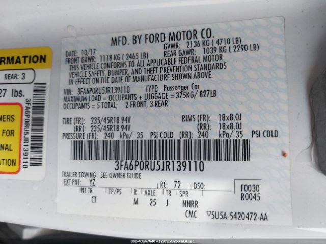 2018 FORD FUSION HYBRID 3FA6P0RU5JR139110 Photo 8