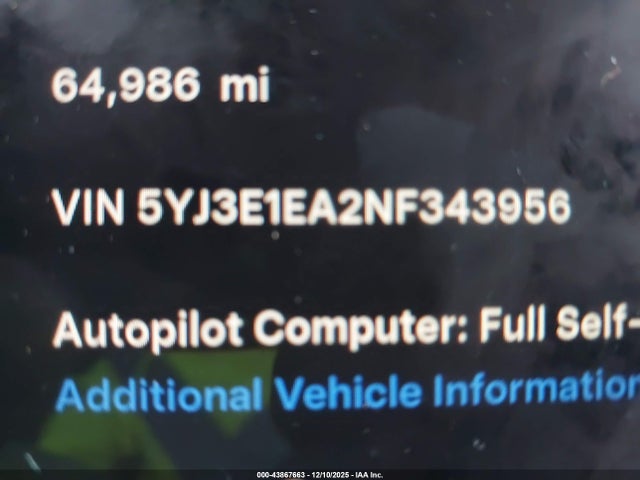 Aukcja sprzedaży 2022 Tesla Model 3 Rear-wheel Drive, vin: 5YJ3E1EA2NF343956, numer aukcji: 43867663