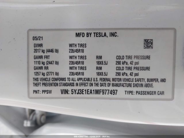 2021 TESLA MODEL 3 5YJ3E1EA1MF977497 Photo 8