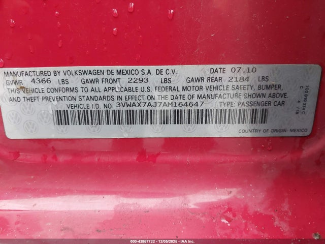 Продаж на аукціоні авто 2010 Volkswagen Jetta Limited Edition, vin: 3VWAX7AJ7AM164647, номер лоту: 43867722