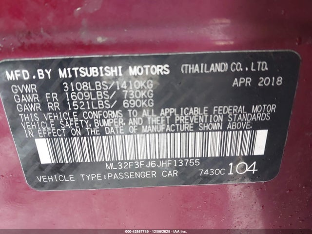 Продаж на аукціоні авто 2018 Mitsubishi Mirage G4 Es, vin: ML32F3FJ6JHF13755, номер лоту: 43867789