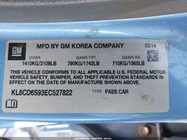 43867803 :رقم المزاد ، KL8CD6S93EC527822 vin ، 2014 Chevrolet Spark 1lt Auto مزاد بيع