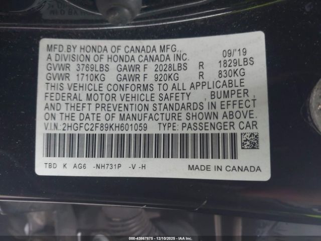 2019 HONDA CIVIC 2HGFC2F89KH601059 Photo 8