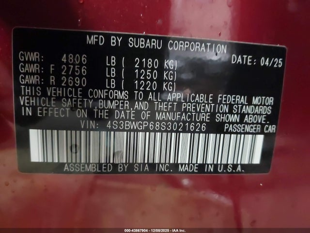 Aukcja sprzedaży 2025 Subaru Legacy Touring Xt, vin: 4S3BWGP68S3021626, numer aukcji: 43867904
