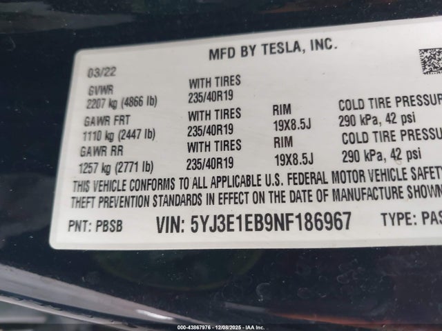 2022 TESLA MODEL 3 5YJ3E1EB9NF186967 Photo 8