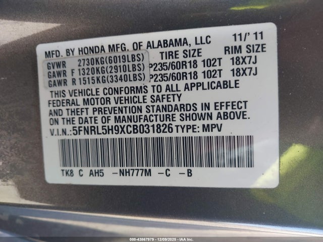 2012 HONDA ODYSSEY 5FNRL5H9XCB031826 Photo 8