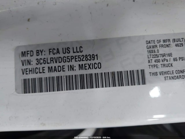 43868062 :رقم المزاد ، 3C6LRVDG5PE528391 vin ، 2023 Ram Promaster 2500 High Roof 159 Wb مزاد بيع