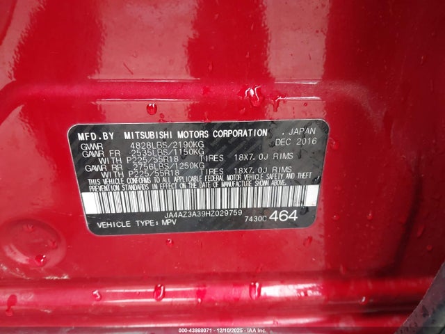 Продаж на аукціоні авто 2017 Mitsubishi Outlander Se/sel, vin: JA4AZ3A39HZ029759, номер лоту: 43868071