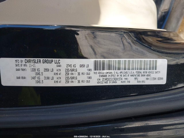 Продаж на аукціоні авто 2012 Dodge Grand Caravan Sxt, vin: 2C4RDGCG1CR201574, номер лоту: 43868284