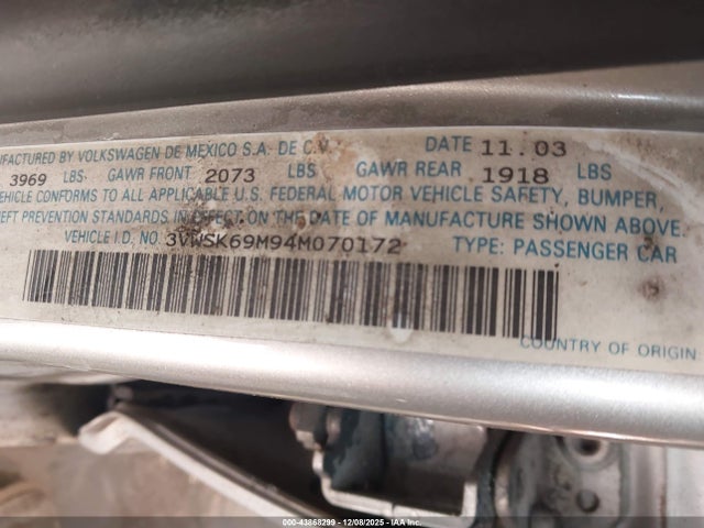 2004 Volkswagen Jetta Gls 2.0l მანქანა იყიდება აუქციონზე, vin: 3VWSK69M94M070172, აუქციონის ნომერი: 43868299