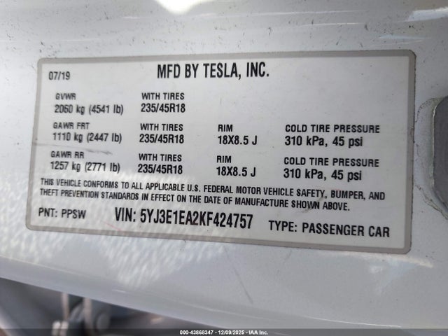 2019 TESLA MODEL 3 5YJ3E1EA2KF424757 Photo 8