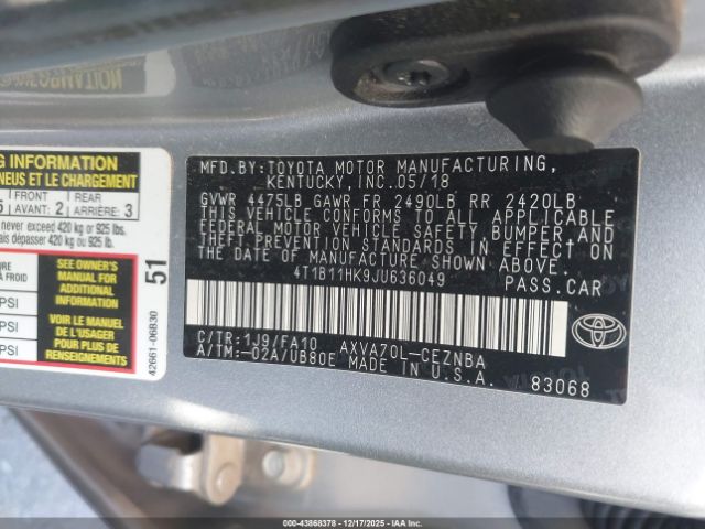 2018 TOYOTA CAMRY 4T1B11HK9JU636049 Photo 8