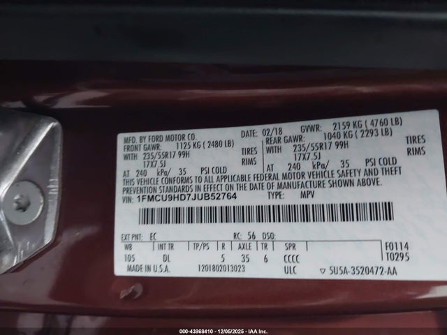 1FMCU9HD7JUB52764 Ford ESCAPE SEL
