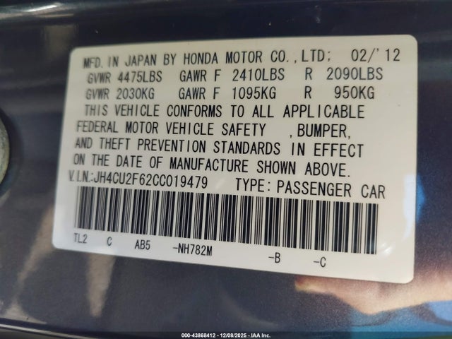 2012 Acura Tsx 2.4 მანქანა იყიდება აუქციონზე, vin: JH4CU2F62CC019479, აუქციონის ნომერი: 43868412