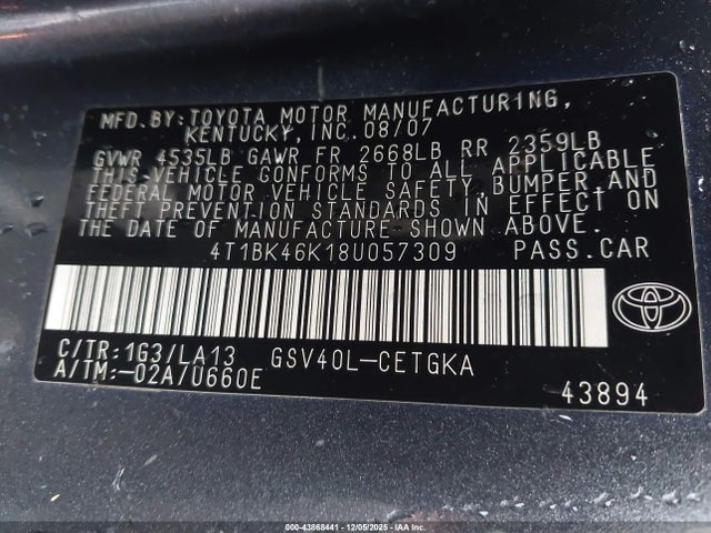 43868441 :رقم المزاد ، 4T1BK46K18U057309 vin ، 2008 Toyota Camry Xle V6 مزاد بيع
