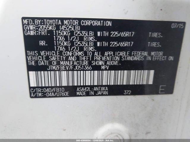 2015 Toyota Rav4 Le მანქანა იყიდება აუქციონზე, vin: JTMZFREV7FJ051366, აუქციონის ნომერი: 43868554