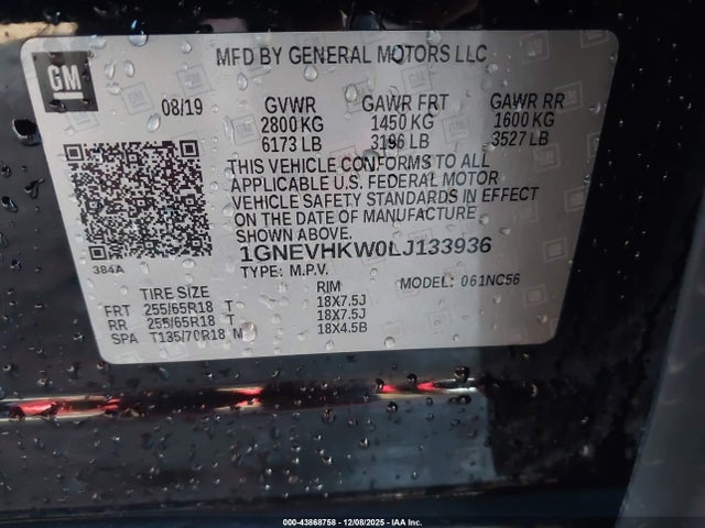 1GNEVHKW0LJ133936 Chevrolet Traverse Awd Lt Leather